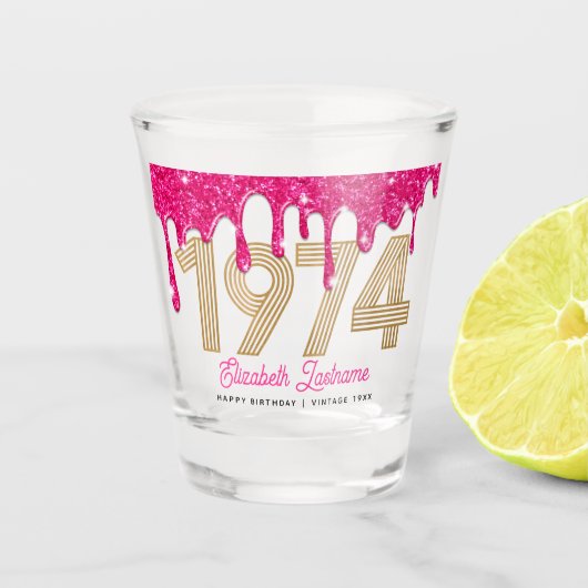 Verre A Shot 1974 Parties scintillant rose goutte 50e Anniversa (Devant)
