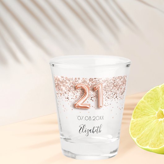 Verre A Shot 21e anniversaire rose nom confetti or