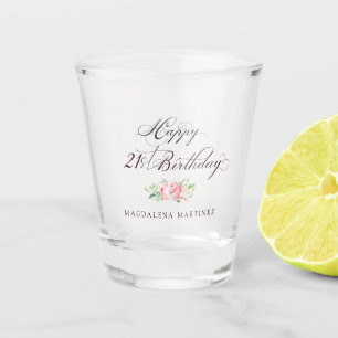 Verre A Shot Anniversaire 21 ans floral rose personnalisé