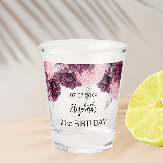 Verre A Shot Anniversaire des fleurs roses bordeaux nom