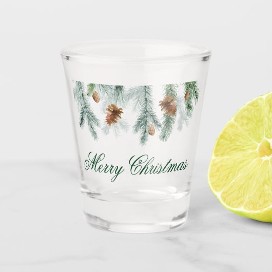Verre A Shot Aquarelle Pine Cônes Verdure Joyeux Noël (Devant)