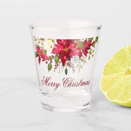 Verre A Shot Aquarelle Poinsettia Floral Noël Rouge Script (Devant)
