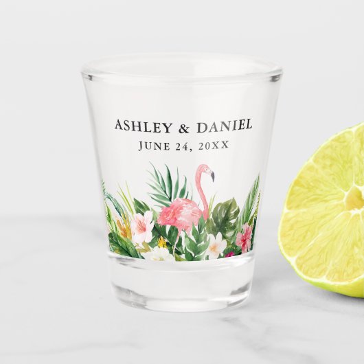 Verre A Shot Aquarelle Tropical Floral Flamant rose Mariage (Devant)
