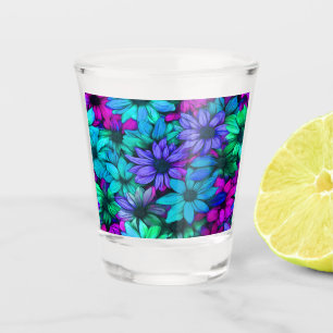 Verre A Shot Bleu pourpre et rose marguerites Abstraites