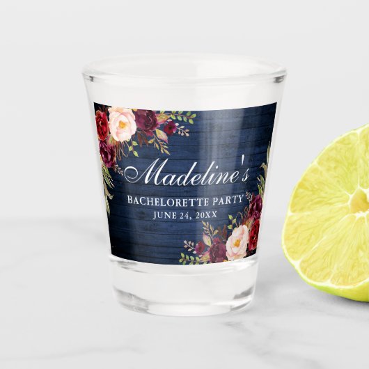 Verre A Shot Bourgogne Floral Bleu Bois Bachelorette (Devant)
