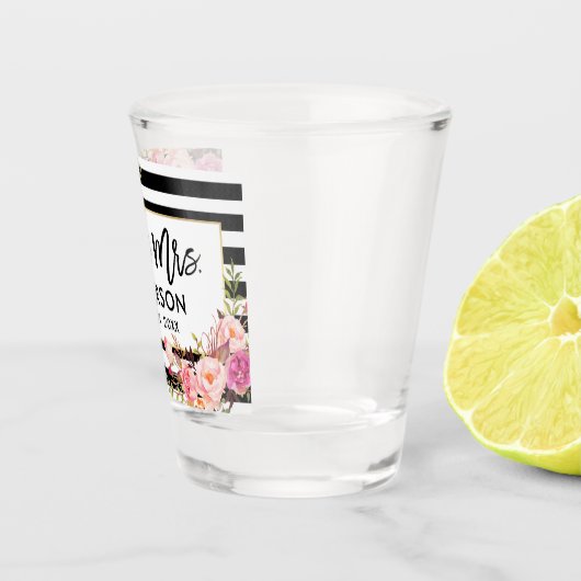 Verre A Shot Brosse Script rose floral rayé M et Mme. (Droite)