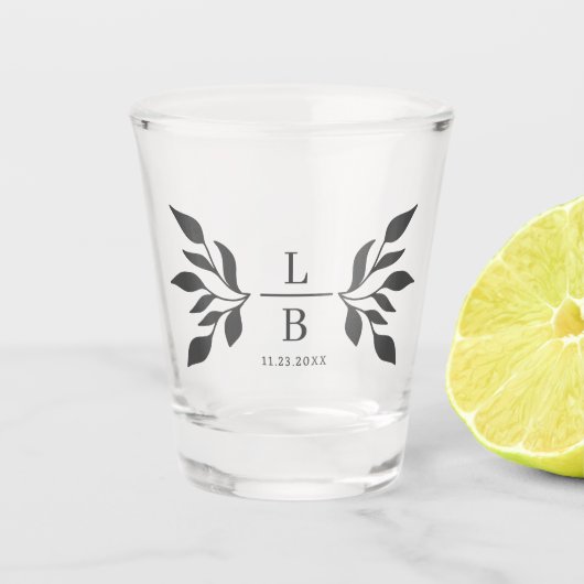 Verre A Shot Cadeau de Mariage Monogramme Moderne de Feuillage (Devant)