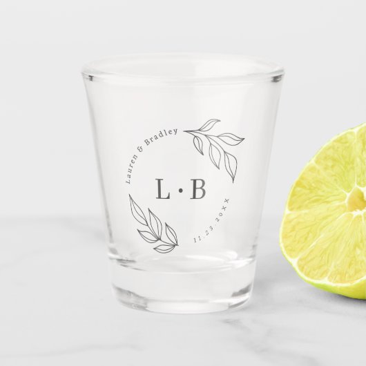 Verre A Shot Cadeau de Mariage Monogramme Moderne de Feuillage (Devant)