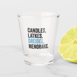 Verre A Shot Candles Latkes Dreidel Menorahs Drôle Hanoukka Jui