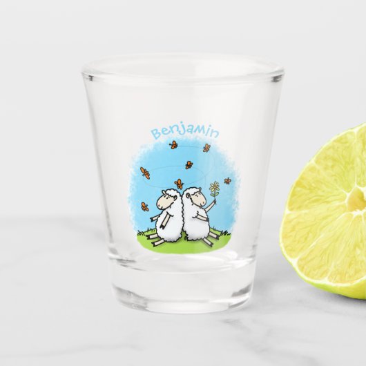 Verre A Shot Caricature de moutons mignons amis et papillons (Devant)