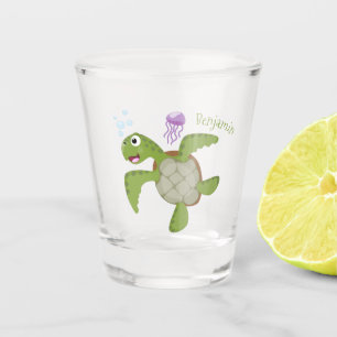 Verre A Shot Caricature joyeuse de tortue de mer verte mignonne