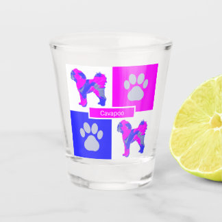 Verre A Shot Cavapoo Silhouette Chien & Paw Rose et Carré bleu