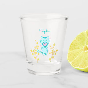 Verre A Shot Chat aux Fleurs qui tient un coeur