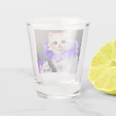 Verre A Shot Chat blanc avec collier de fleurs violettes (Dos)