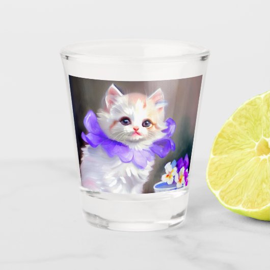 Verre A Shot Chat blanc avec collier de fleurs violettes (Devant)