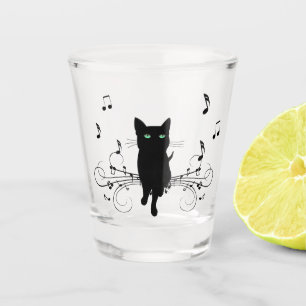 Verre A Shot Chat noir entouré de notes de musique chuchotantes