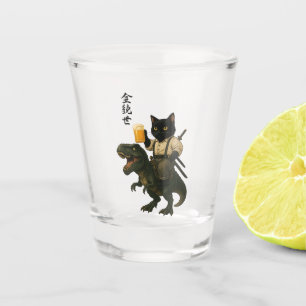 Verre A Shot Chat Samouraï avec Bière & T-Rex Art Japonais Ré