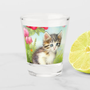 Verre A Shot Chaton vintage blanc et Brown avec fleurs