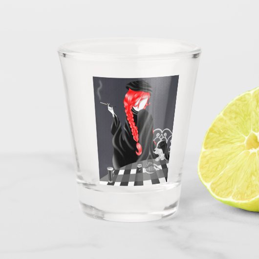 Verre A Shot Chien & Dame au café français (Devant)