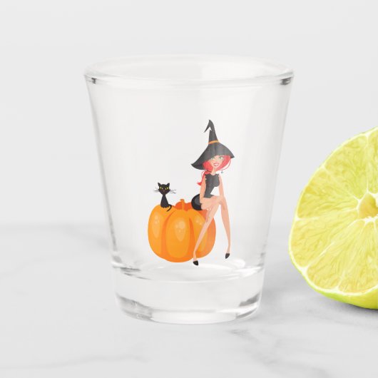 Verre A Shot Citrouille de la sorcière d'Halloween et chat noir (Devant)