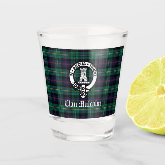 Verre A Shot Clan Malcolm Crest Badge et Tartan (Devant)