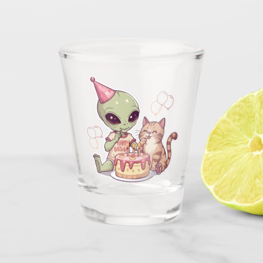 Verre A Shot Conception de fête d'anniversaire d'alien mignon (Devant)