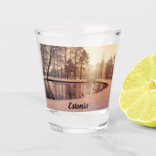 Verre A Shot Coucher de soleil sur le parc avec petit lac gelé (Devant)