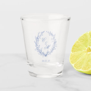 Verre A Shot Couronne de mariage botanique en monogramme bleu p