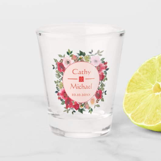 Verre A Shot Couronne florale rouge mariage chinois moderne (Devant)