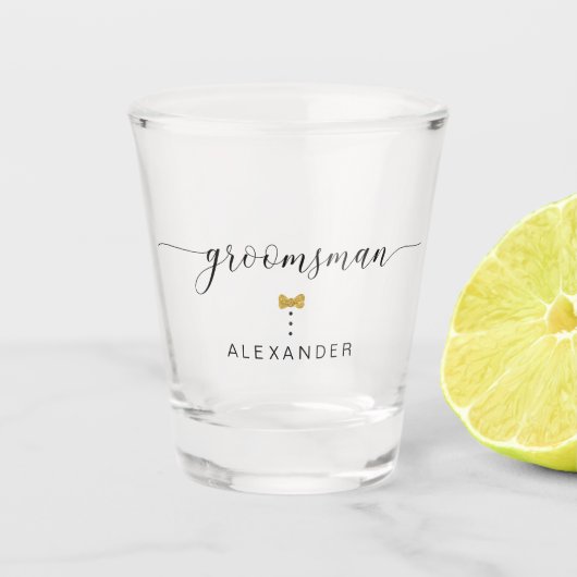 Verre A Shot Cravate moderne chic Groomsman Gold Bow Nom (Devant)