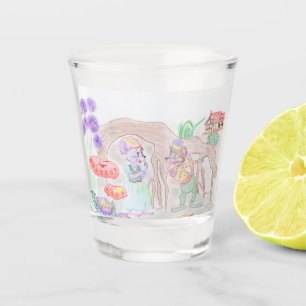 Verre A Shot Custom Kids Artwork, deux mignonnes souris, fleurs