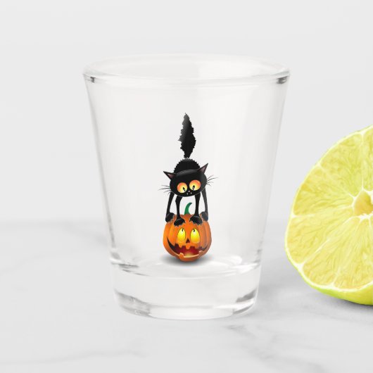 Verre A Shot Dessin d'Halloween au chat effrayé sur Citrouille (Devant)