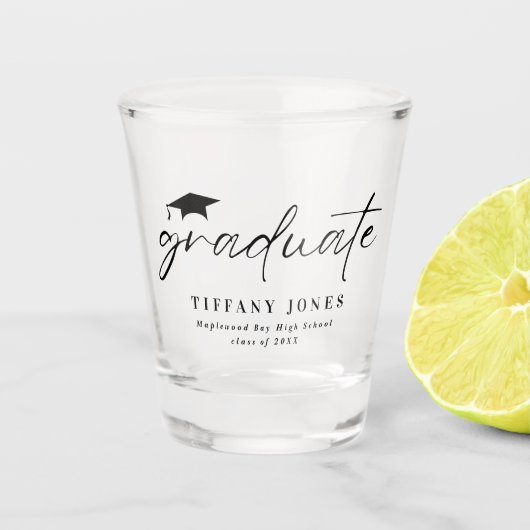 Verre A Shot Diplômé moderne blanc Script 4 Photos Graduation (Devant)