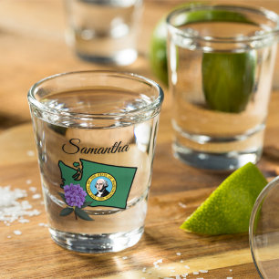 Verre A Shot Drapeau Washington et Fleur Rhododendron Pacifique