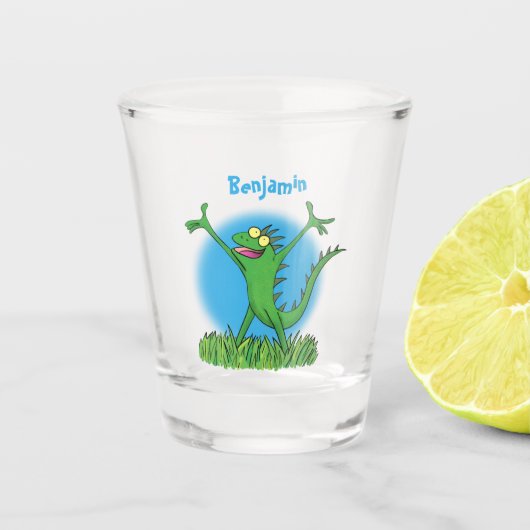 Verre A Shot Drôle vert souriant animé lézard d'iguane (Devant)