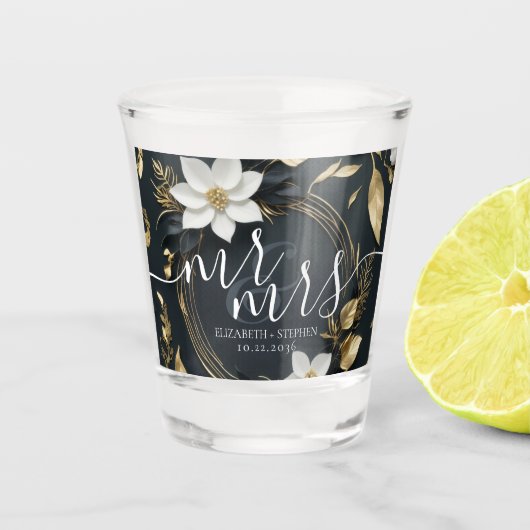 Verre A Shot Élégant Mariage de couronnes florales noir blanc e (Devant)