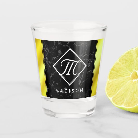 Verre A Shot Élégant noir marbre & or / laiton Monogramme d'hui (Devant)
