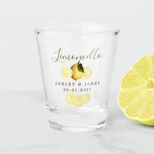 Verre A Shot Élégant Script Aquarelle Citron Mariage Limoncello (Devant)