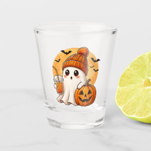 Verre A Shot Fantôme buvant un café glacé avec Halloween citrou