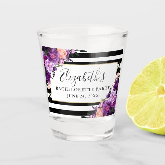Verre A Shot Fête de Bachelorette Fleurie Rayée Violet Pourpre (Devant)