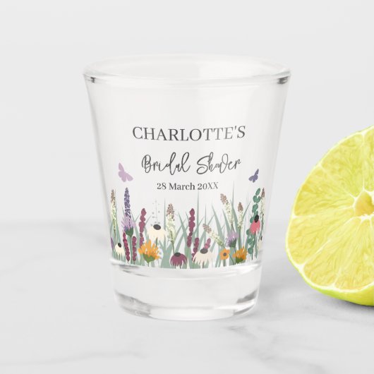 Verre A Shot Fête de Fiançailles Fleurs Sauvages et Papillons (Devant)