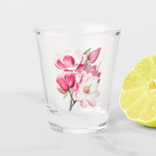 Verre A Shot Fleurs de magnolia rose à l'aquarelle botanique