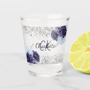 Verre A Shot Fleurs élégantes bleu marine argent monogramme nom