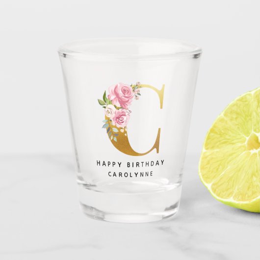 Verre A Shot Floral Monogramme Joyeux Anniversaire Nom personna (Devant)