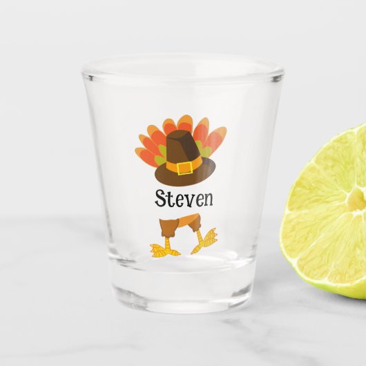 Verre A Shot Fun Thanksgiving Turquie Queue & Pilgrim Casquette (Devant)