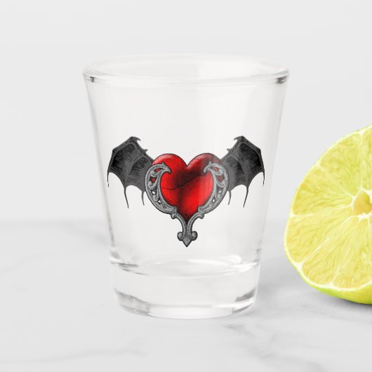 Verre A Shot Goth Coeur rouge avec Bat Wings Vitre (Devant)