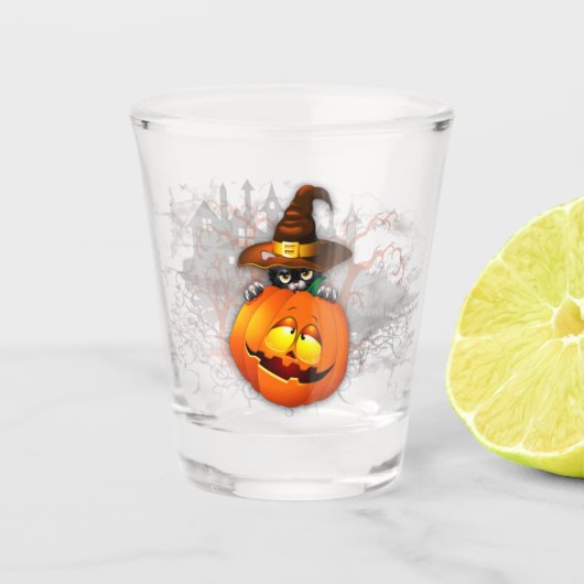 Verre A Shot Halloween Cute Kitty Witch et ami Citrouille (Devant)