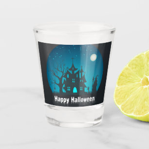 Verre A Shot Happy Halloween Maison hantée bleue et noire