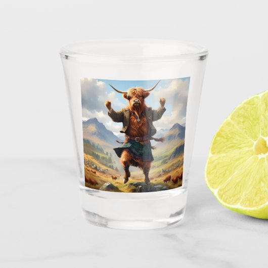 Verre A Shot Highland Cow Dansant Le Highland Fling, (Devant)
