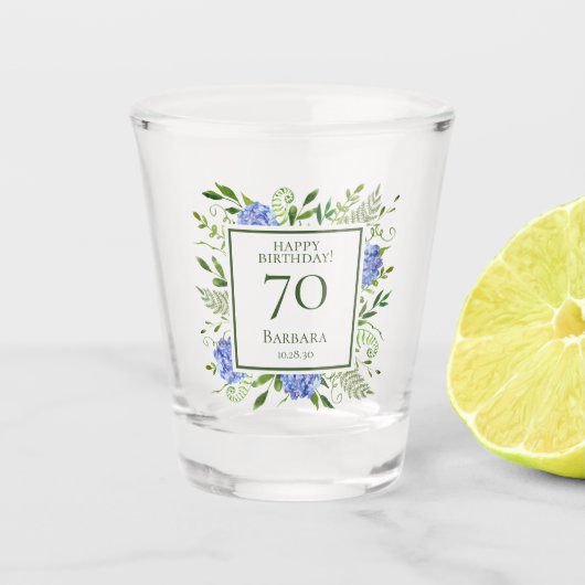 Verre A Shot Hydrangeas bleus pour 70e anniversaire (Devant)